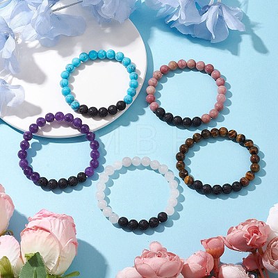 Round Natural Lava Rock & Gemstone Beaded Streth Bracelets BJEW-JB10869-1