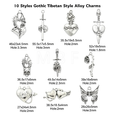 50Pcs 10 Styles Gothic Tibetan Style Alloy Pendants TIBEP-CJ0002-53-1