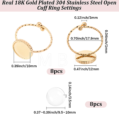 8Pcs 304 Stainless Steel Open Cuff Ring Component STAS-BBC0010-40G-1