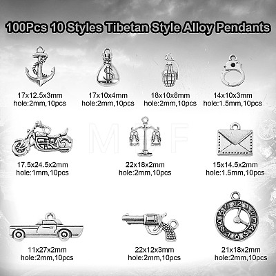 100Pcs 10 Styles Tibetan Style Alloy Pendants TIBEP-CJ0001-53-1