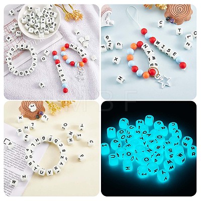 20Pcs Luminous Cube Letter Silicone Beads 12x12x12mm Square Dice Alphabet Beads with 2mm Hole Spacer Loose Letter Beads for Bracelet Necklace Jewelry Making JX437T-1