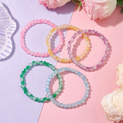 6mm Two Tone Glass Imitation Jade Round Beaded Stretch Bracelets for Women BJEW-JB10687-1