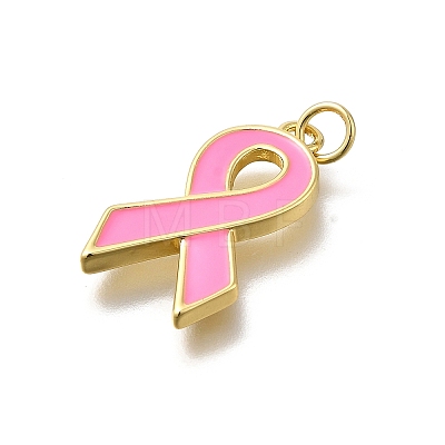 October Breast Cancer Pink Awareness Ribbon Brass Enamel Pendants LS-KK-S517-04F-G-1