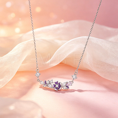 Brass Pave Purple Cubic Zirconia Flower Pendant Necklaces for Women WGF8B23-01-1