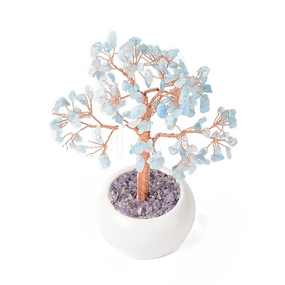 Natural Aquamarine Gemstone Chips with Brass Wrapped Wire Money Tree on Ceramic Vase Display Decorations DJEW-B007-02G-1