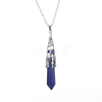 Natural Lapis Lazuli Six-Sided Prism Healing Dowsing Pendulum Pendant Iron Cable Chain Necklaces for Divination HM5691-7-1
