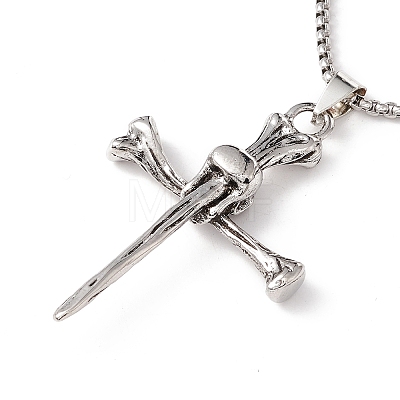 Alloy Cross with Skull Pendant Necklace with 201 Stainless Steel Box Chains LS-NJEW-E016-03AS-1