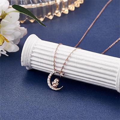 Chinese Zodiac Necklace Chicken Necklace 925 Sterling Silver Rose Gold Rooster on the Moon Pendant Charm Necklace Zircon Moon and Star Necklace Cute Animal Jewelry Gifts for Women JN1090J-1