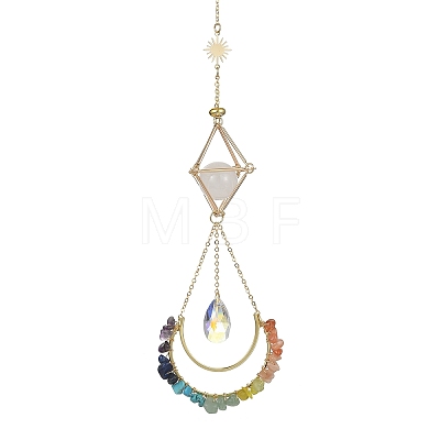 Wire Wrapped Gemstone Chip & Brass Moon Pendant Decorations HJEW-TA00100-1