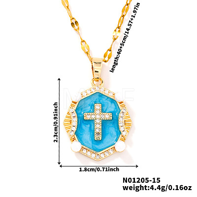 Shiny Retro Brass Micro Pave Clear Cubic Zirconia Oval with Cross Pendant Necklaces with Enamel YR4811-3-1