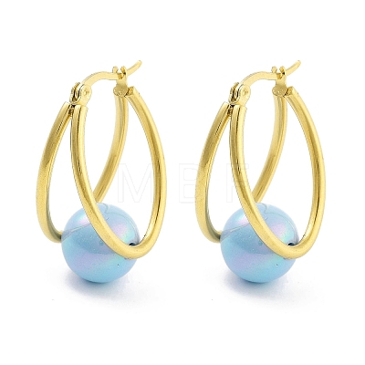 Ion Plating(IP) 304 Stainless Steel & Plastic Imitation Pearl Oval with Ball Hoop Earrings for Women EJEW-C096-13G-01-1