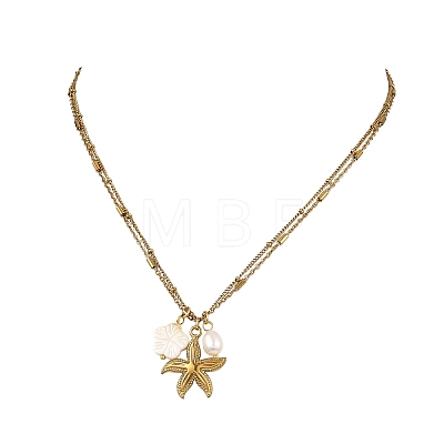 Ocean Natural Shell Flower & Rice Pearl & 304 Stainless Steel Starfish Pendant 2-Strand Chain Necklaces for Women NJEW-JN06260-1
