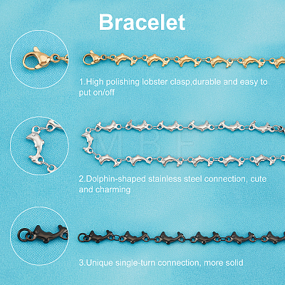 Unicraftale 6Pcs 3 Color 304 Stainless Steel Dolphin Link Bracelets Set for Women BJEW-UN0001-23-1