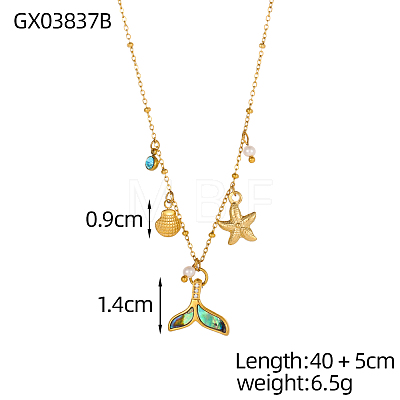 Starfish Shell Shape 304 Stainless Steel Cubic Zirconia Pendant Necklaces STAS-OY010-07G-1