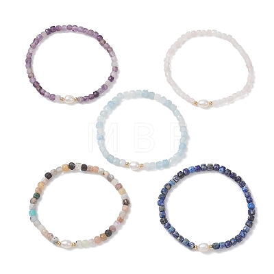 Natural Mixed Gemstone Cube Beads Stretch Bracelets for Women BJEW-JB13179-1