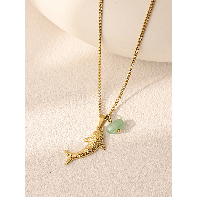 Ocean Style 304 Stainless Steel Shark with Natural Gemstone Chip Pendant Necklaces for Women FS-WGDF2F1-02-1