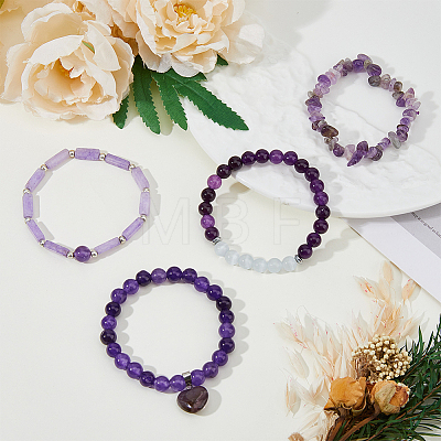 FIBLOOM 4Pcs 4 Style Natural Amethyst Beaded Stretch Bracelets Set BJEW-FI0001-58-1