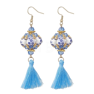 Lantern Glass Seed with Handmade Polyester Cotton Tassel Dangle Earrings EJEW-MZ00671-1