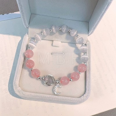 Moon Alloy Cat Eye & Natural Rose Quartz Round Beaded Charm Bracelets WG18D49-09-1