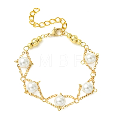 White Round Shell Pearl Brass Link Chain Bracelets for Women BJEW-JB14188-1