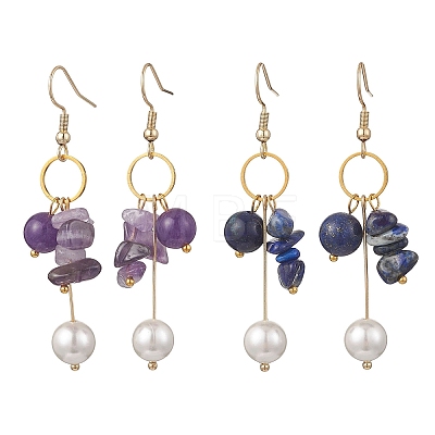 2 Pairs Natural Amethyst & Lapis Lazuli Dangle Earrings EJEW-JE06829-1