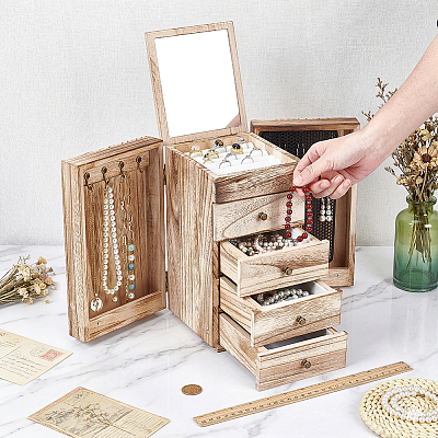 5-Tier Wood Jewelry Organizer Drawer Boxes with Mirror for Rings Earrings Bracelets Necklaces AJEW-WH0696-827-1