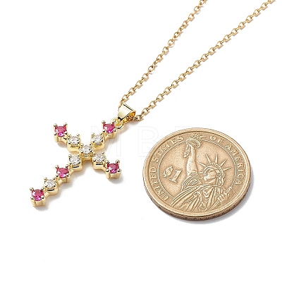 Fuchsia Cubic Zirconia Cross Pendant Necklace NJEW-JN04084-1