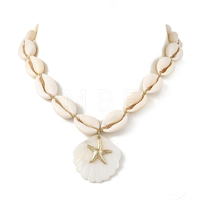 Summer 304 Stainless Steel Starfish and Natural Freshwater Shell Carved Pendant Necklaces NJEW-JN06566-01-1