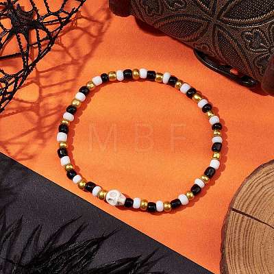 Halloween Skull Synthetic Magnesite & Glass Seed Beaded Stretch Bracelets Women BJEW-JB10525-02-1