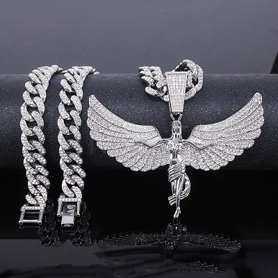 Zinc Alloy Full Crystal Rhinestone Goddess with Angel Wings Pendant Cuban Link Chain Necklaces for Women FS-WGAC8C0-02-1