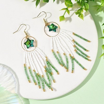 Star Glass Seed Beaded Dangle Tassel Earrings EJEW-MZ00777-02-1