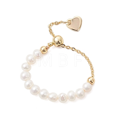 Adjustable Natural Pearl & Brass Silder Finger Rings RJEW-JR00964-1