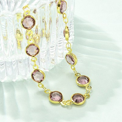 304 Stainless Steel Flat Round Acrylic Rhinestone Cup Chain Anklets for Women AJEW-B031-02G-01-1