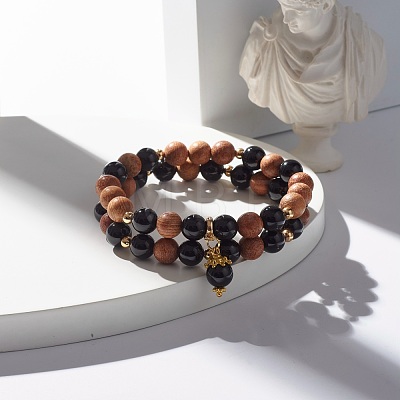 Natural Tourmaline & Wood Round Beads Stretch Bracelets Set BJEW-JB07165-03-1