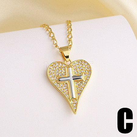 Brass Micro Pave Clear Cubic Zirconia Two Tone Heart Pendant Necklaces WGF7FF4-03-1