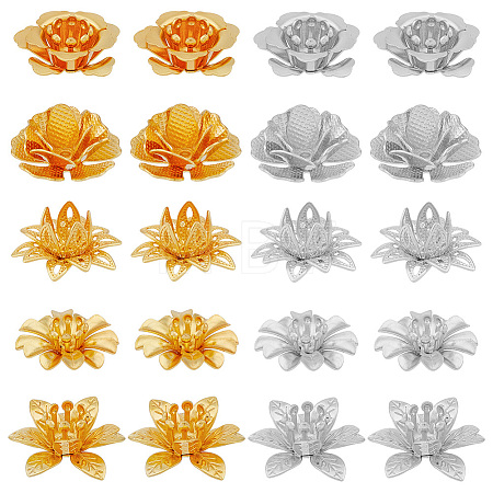 60Pcs 10 Style 3D Brass Bead Caps KK-FH0006-47-1