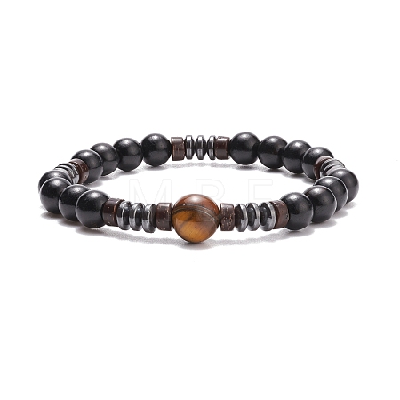Natural Tiger Eye & Coconut & Wood Beaded Stretch Bracelet BJEW-JB08267-1