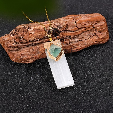 Natural Fluorite & Selenite Rectangle Pendant Necklaces PW-WGF8248-06-1