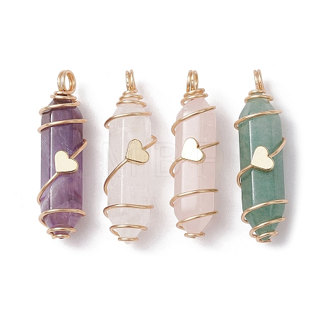 Natural Mixed Gemstone Copper Wire Wrapped Double Terminal Pointed Pendants PALLOY-JF02547-1