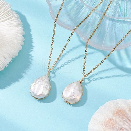 Baroque Natural Keshi Pearl Teardrop Pendant 304 Stainless Steel Cable Chain Necklaces for Women NJEW-JN05757-1