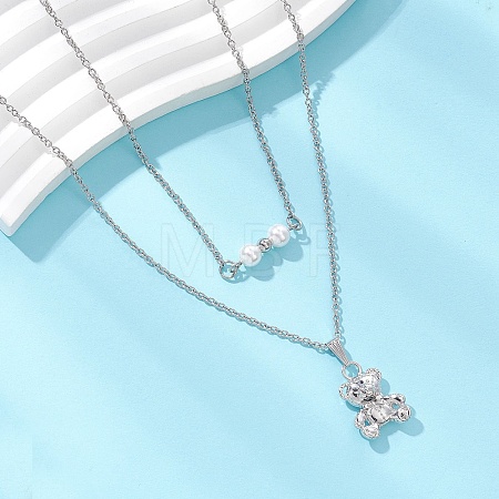 Alloy Bear and White Round Pendant 304 Stainless Steel Cable Chain Double Layer Necklaces for Women NJEW-JN05758-02-1