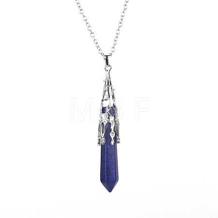 Natural Lapis Lazuli Six-Sided Prism Healing Dowsing Pendulum Pendant Iron Cable Chain Necklaces for Divination HM5691-7-1