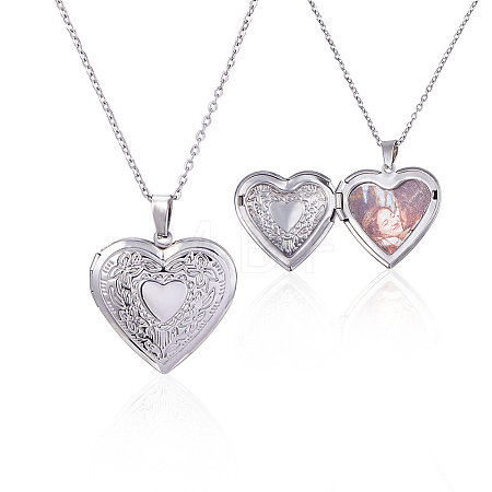2Pcs 316 Surgical Stainless Steel Heart Photo Locket Pendant Cable Chain Necklaces for Women NJEW-DC0001-15P-1