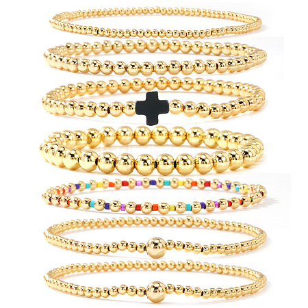 7Pcs Brass Round Beaded Bracelets for Women SB9067-7-1
