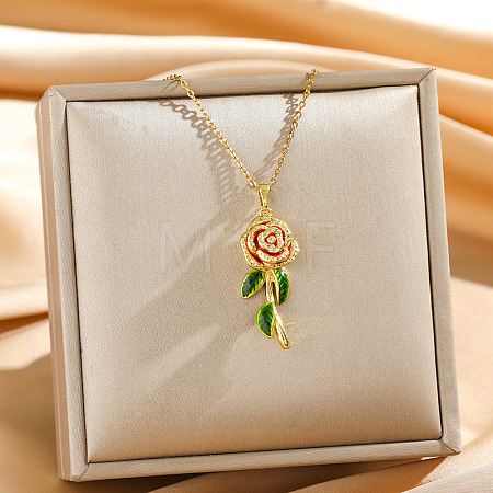 Brass Enamel Red Rose Flower Pendant Necklaces for Women WGB6499-03-1