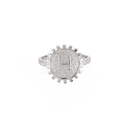 Non-Tarnish 304 Stainless Steel Flat Round with Initial Letter Open Cuff Ring for Men Women RJEW-S405-246P-H-1