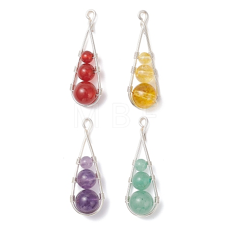 4Pcs 4 Styles Dyed Natural Quartz Crystal & Carnelian & Green Aventurine & Amethyst Round Beaded Pendants PALLOY-TA00347-01-1
