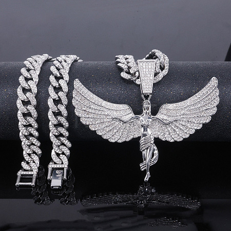 Zinc Alloy Full Crystal Rhinestone Goddess with Angel Wings Pendant Cuban Link Chain Necklaces for Women FS-WGAC8C0-02-1
