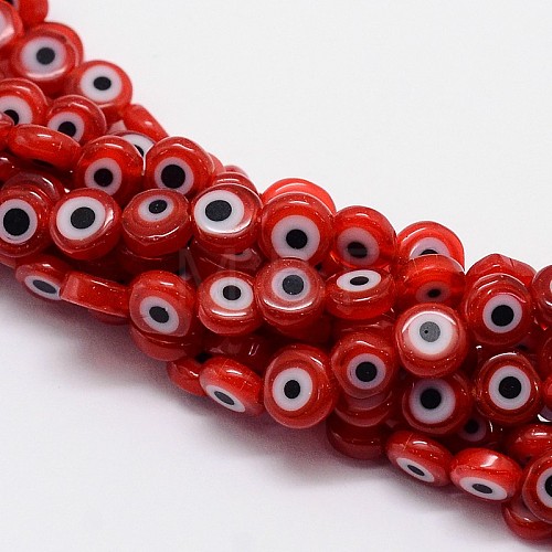 Handmade Evil Eye Lampwork Flat Round Bead Strands X-LAMP-L058-6mm-06-1