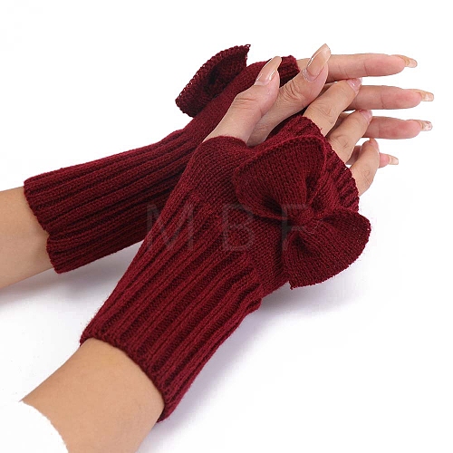 Acrylic Fibers Bowknot Knitting Fingerless Gloves PW-WG73400-08-1